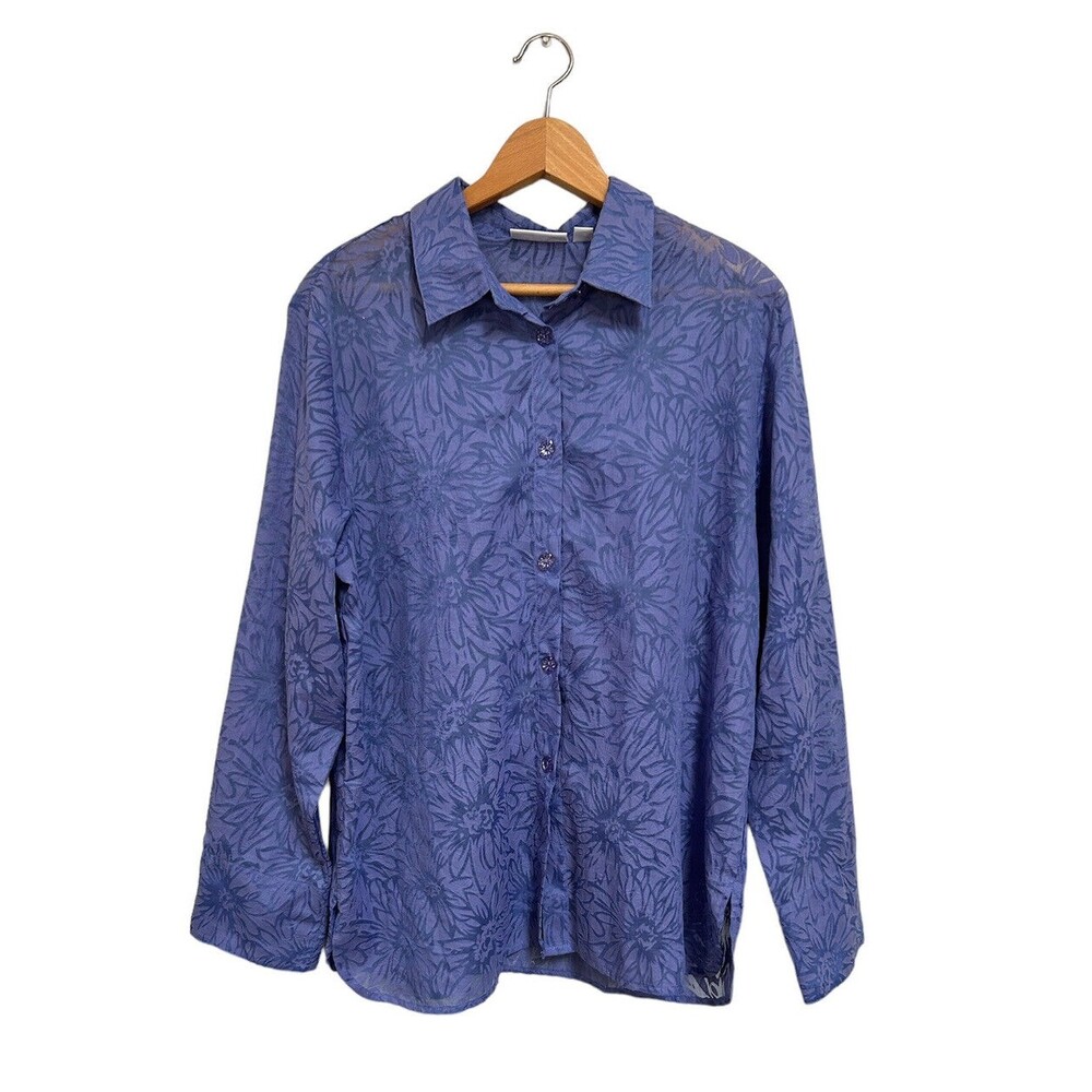 SUSAN GRAVER Sheer Floral Purple Button Down Long Sleeve Blouse Size L